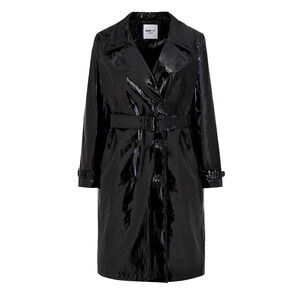 NWT Jane Post Military Trench Black Double Breasted Raincoat High Shine Black M